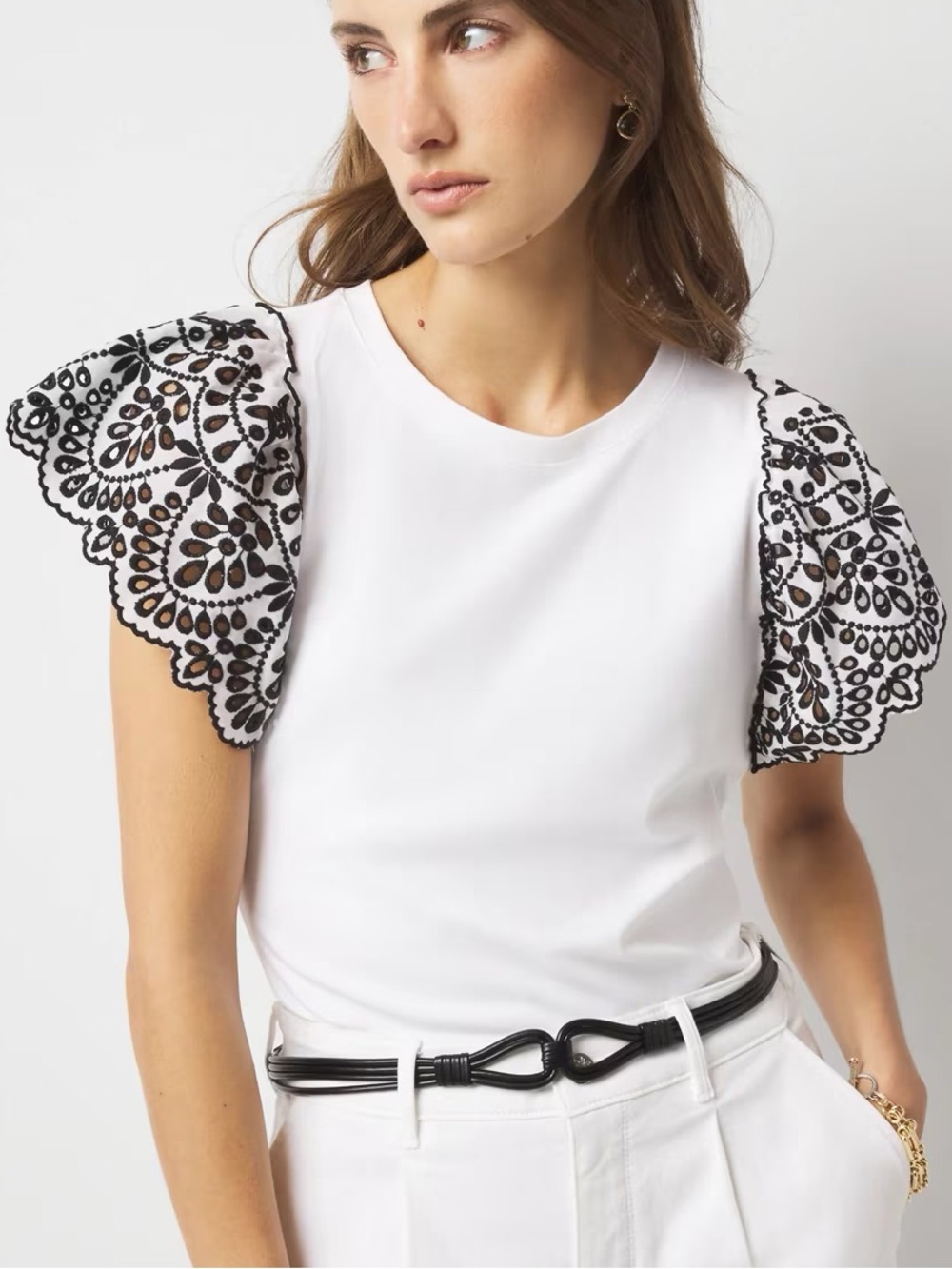 White House Black Market Women L White Black Eyelet Sleeve Crewneck Tee NWOT